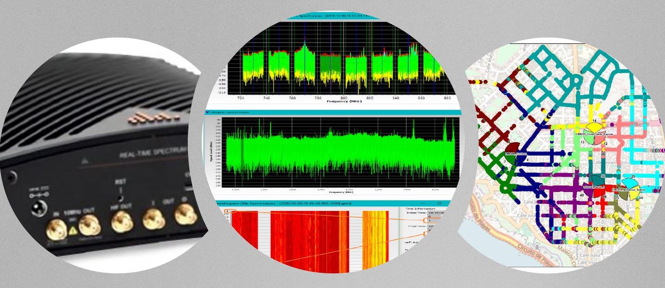 Receptor de espectro em tempo real ao lado das telas de análise espectral, espectrograma e mapa de medição