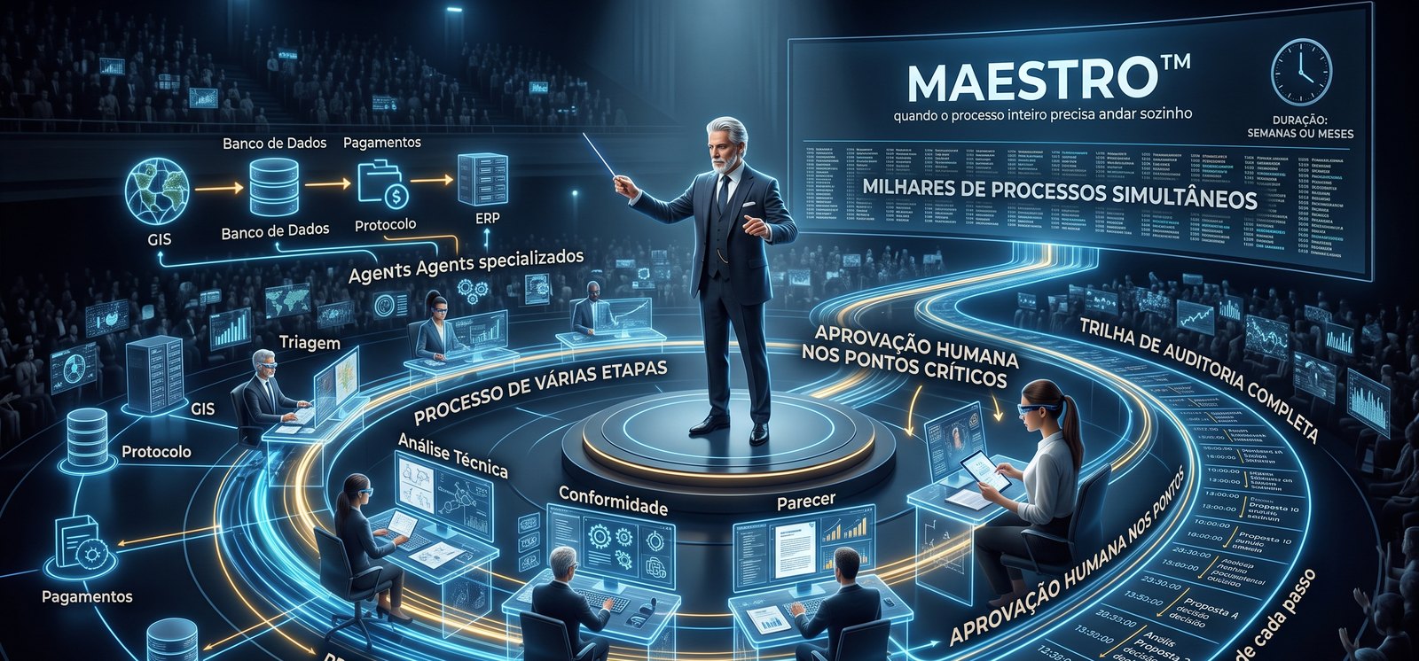 MAESTRO: um maestro rege agentes especializados — triagem, análise técnica, conformidade e parecer — conectados a GIS, banco de dados, protocolo, pagamentos e ERP, com aprovação humana nos pontos críticos, trilha de auditoria completa e milhares de processos simultâneos.
